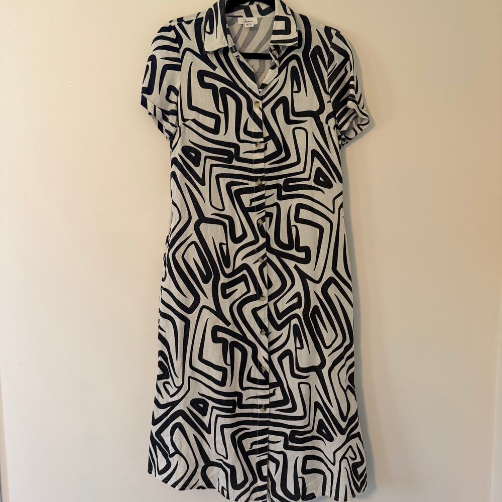 Japna Cotton Flax Linen Blend Geometric Artsy Button Front Shirt Dress Size Med
